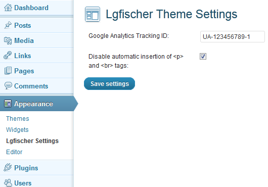 Currently, these are the options you can set on the theme Lgfischer Theme Settings